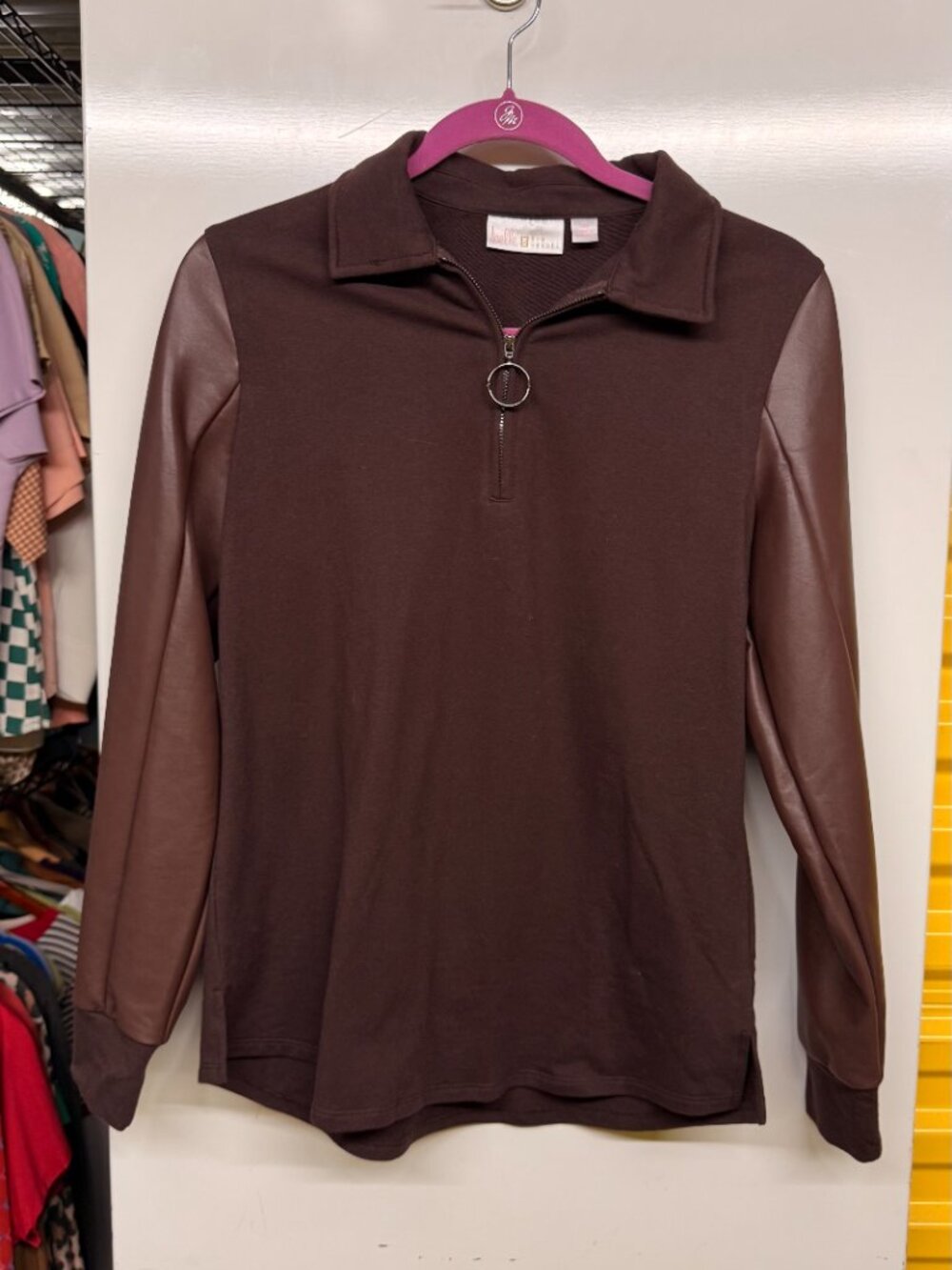 Belle by Kim Gravel Brown Faux Leather Sleeve Quarter-Zip Top - XS